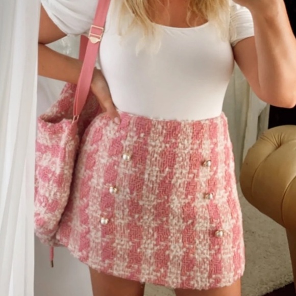 LoveShackFancy Gibson Houndstooth Tweed Mini Skirt Pink Hills Sz 2 - Picture 1 of 11